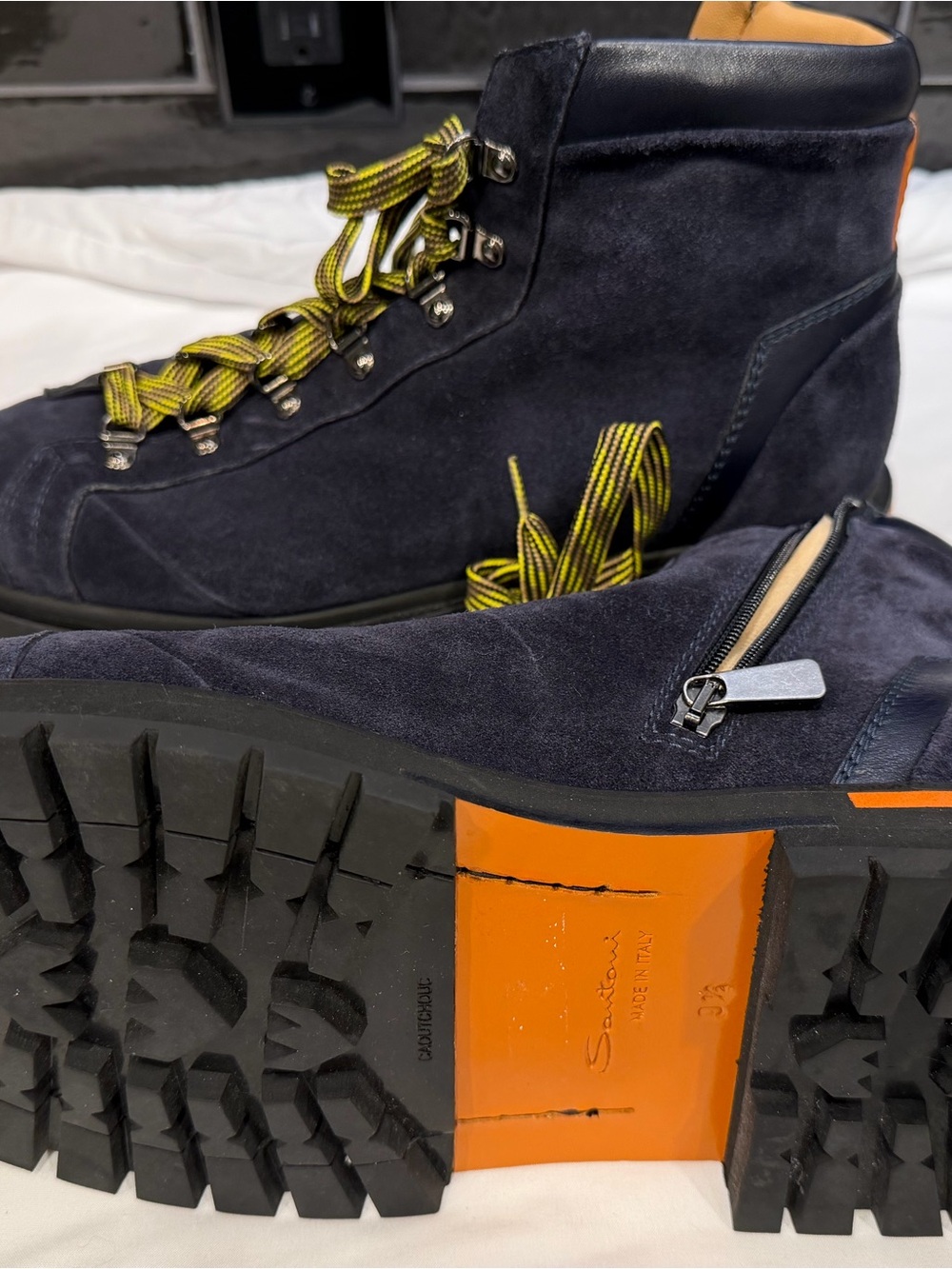 Santoni Navy Suede Hiking Boot with Orange Midsole and Yellow-Striped Laces